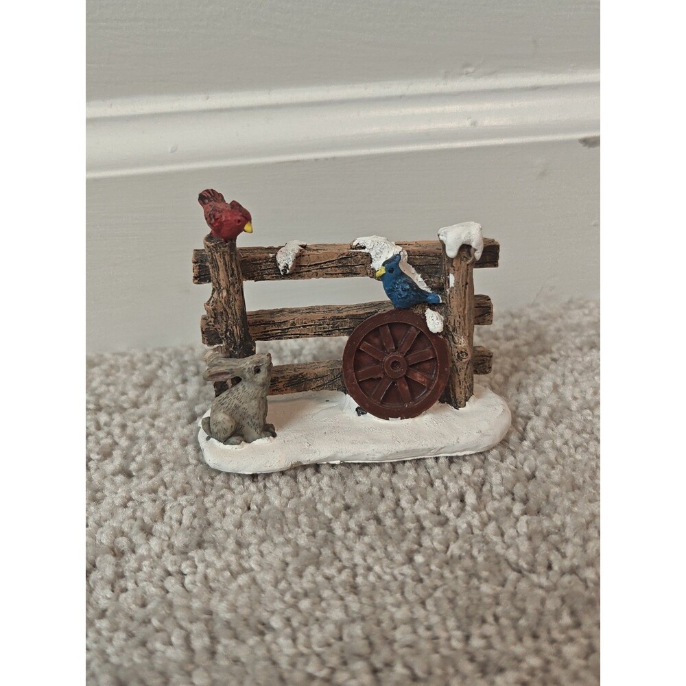 Lemax Christmas Village Town Rustic Wood Fence Cardinal Bird Rabbit  Wagon Wheel